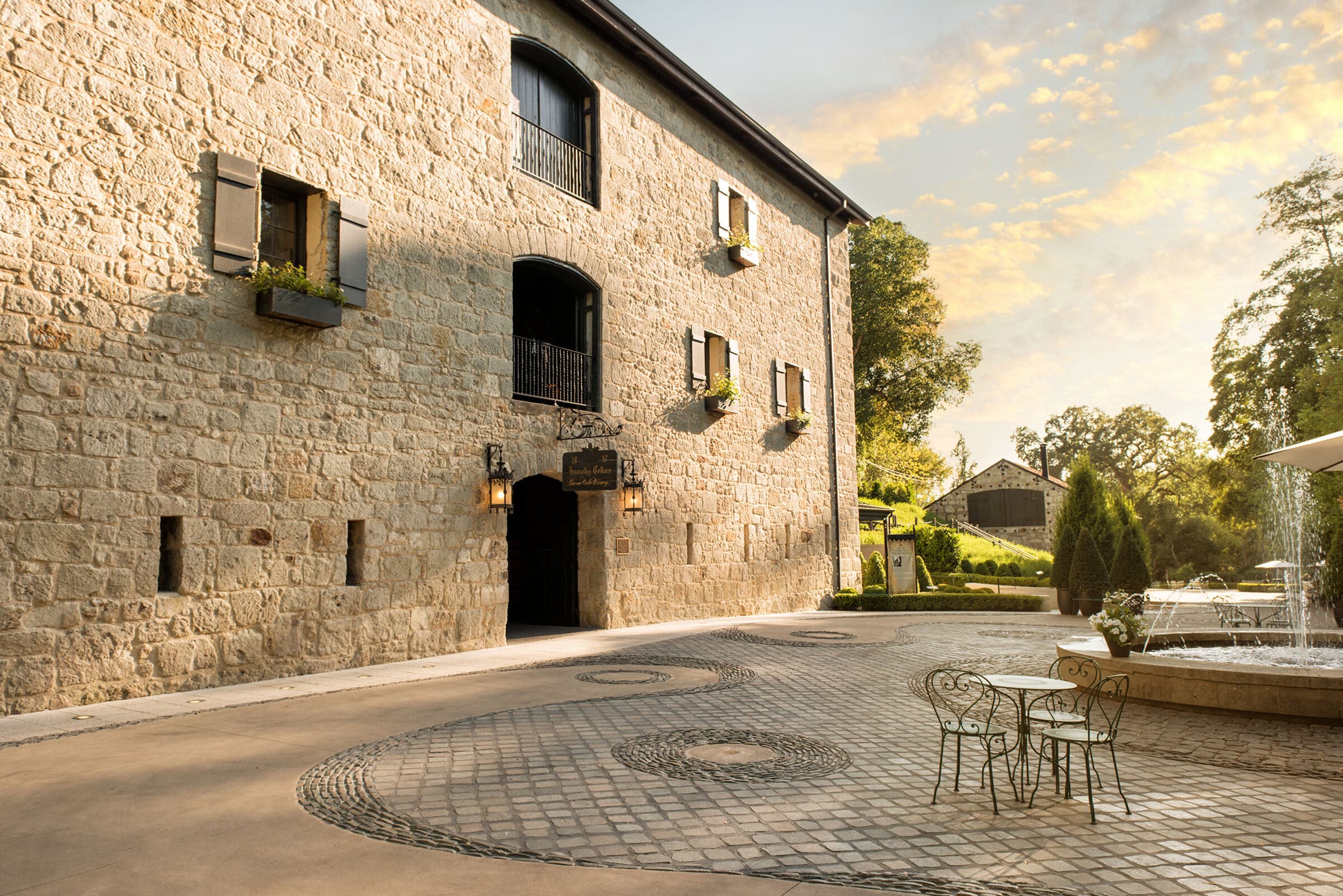 The stone winery at Buena Vista, Sonoma, at golden hour