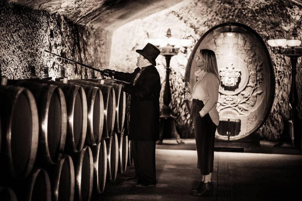 The Count of Buena Vista in the winery's historic caves, in black and white